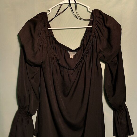 Women's Black Peasant Blouse – Long Sleeve Ruched Boho Top with Flare Cuffs - Picture 2 of 4